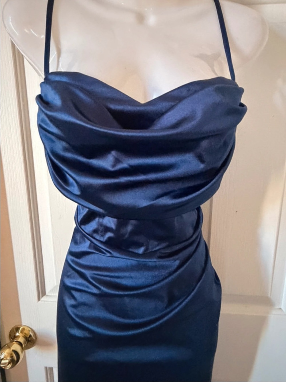 Windsor Navy Blue Liquid Satin Cowl Neck Ruched Formal Homecoming Gala Gown M - Picture 2 of 4